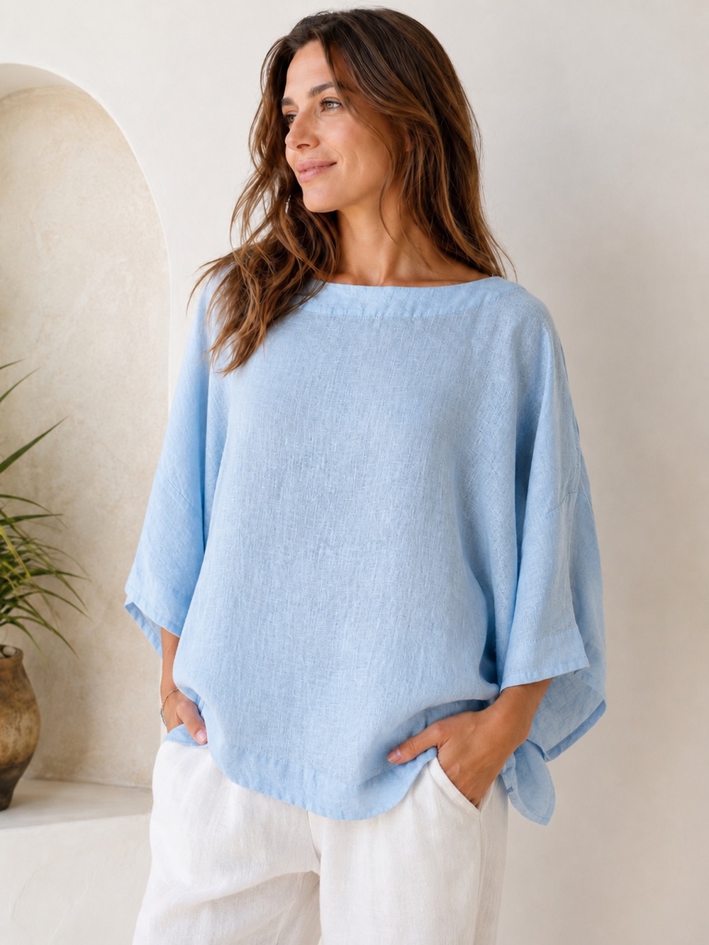Pure Jill 100% Linen Light Blue Boxy Boat Neck Oversized Tunic Top XL Lagenlook